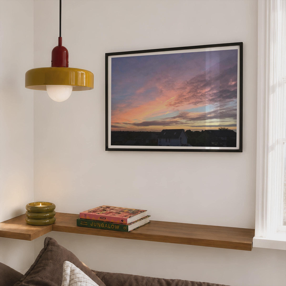 Sunset Sky Over English Town Poster, Pink Purple Clouds Wall Art, Framed-Print, Dusk Rooftop Skyline, Living Room Bedroom Decor
