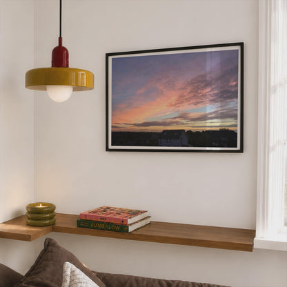 Sunset Sky Over English Town Poster, Pink Purple Clouds Wall Art, Framed-Print, Dusk Rooftop Skyline, Living Room Bedroom Decor