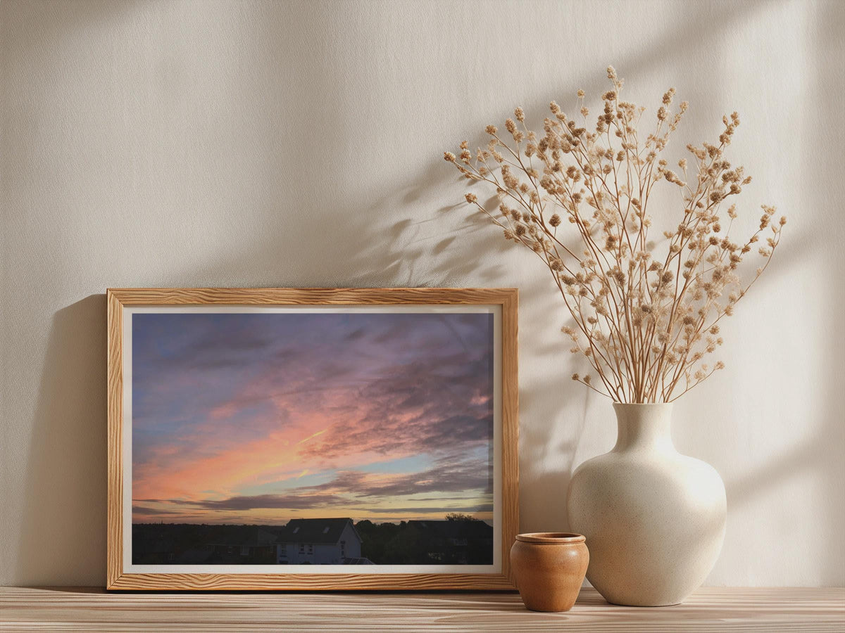 Sunset Sky Over English Town Poster, Pink Purple Clouds Wall Art, Framed-Print, Dusk Rooftop Skyline, Living Room Bedroom Decor