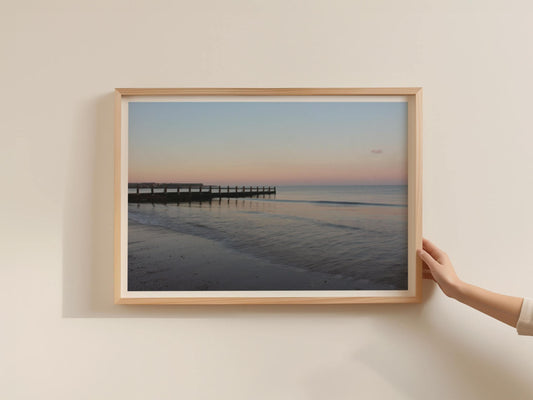Coastal Pier Sunset Poster, Seaside Dawn Dusk Landscape Framed-Print, Pastel Beach Wall Art, Calm Ocean Photography Print, Coastal Decor