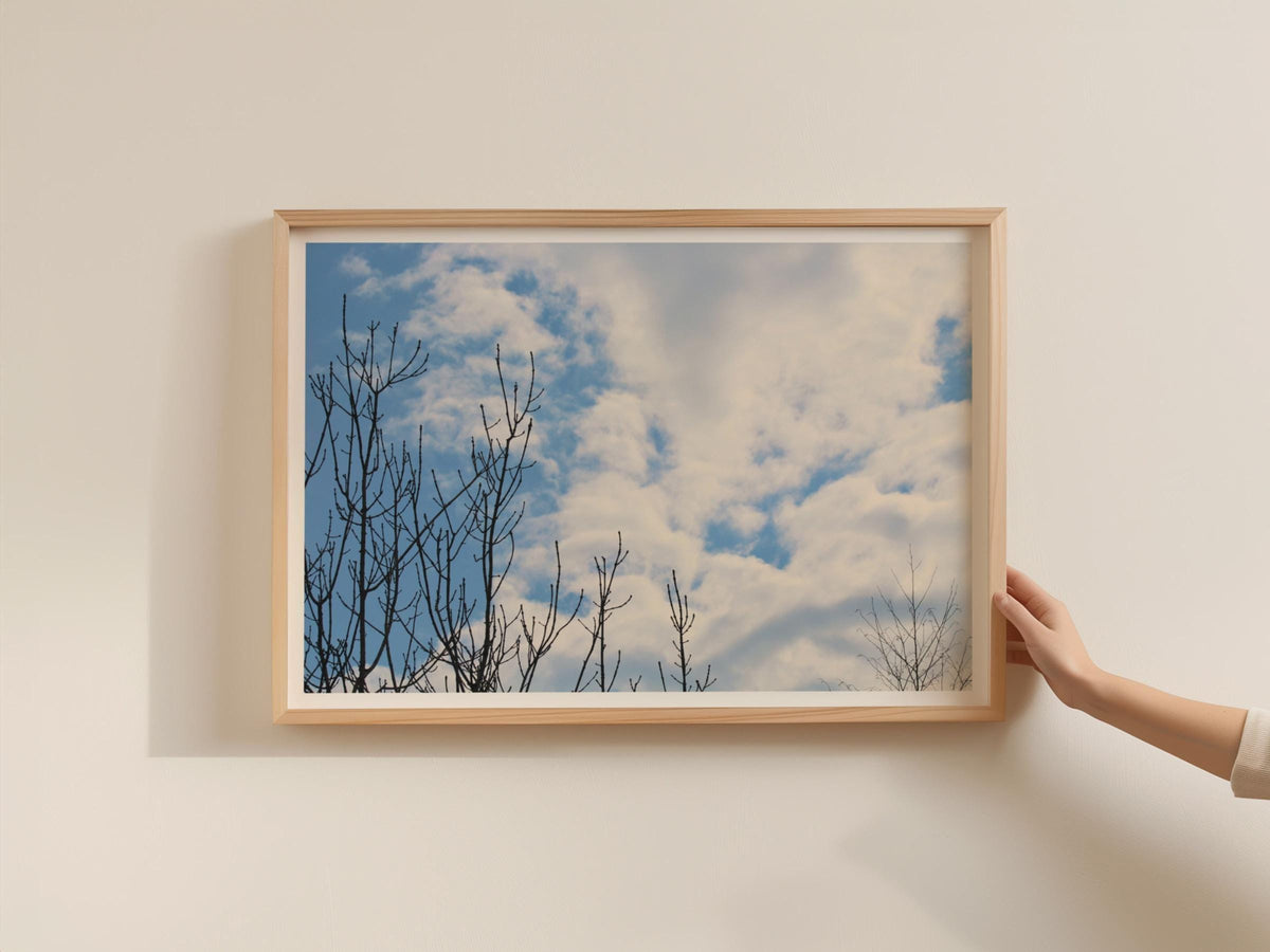 Bare Winter Trees Blue Sky Poster, Cloudy Sky Framed-Print, Minimalist Nature Wall Art, Black Branch Photography, Calm Living Room Decor