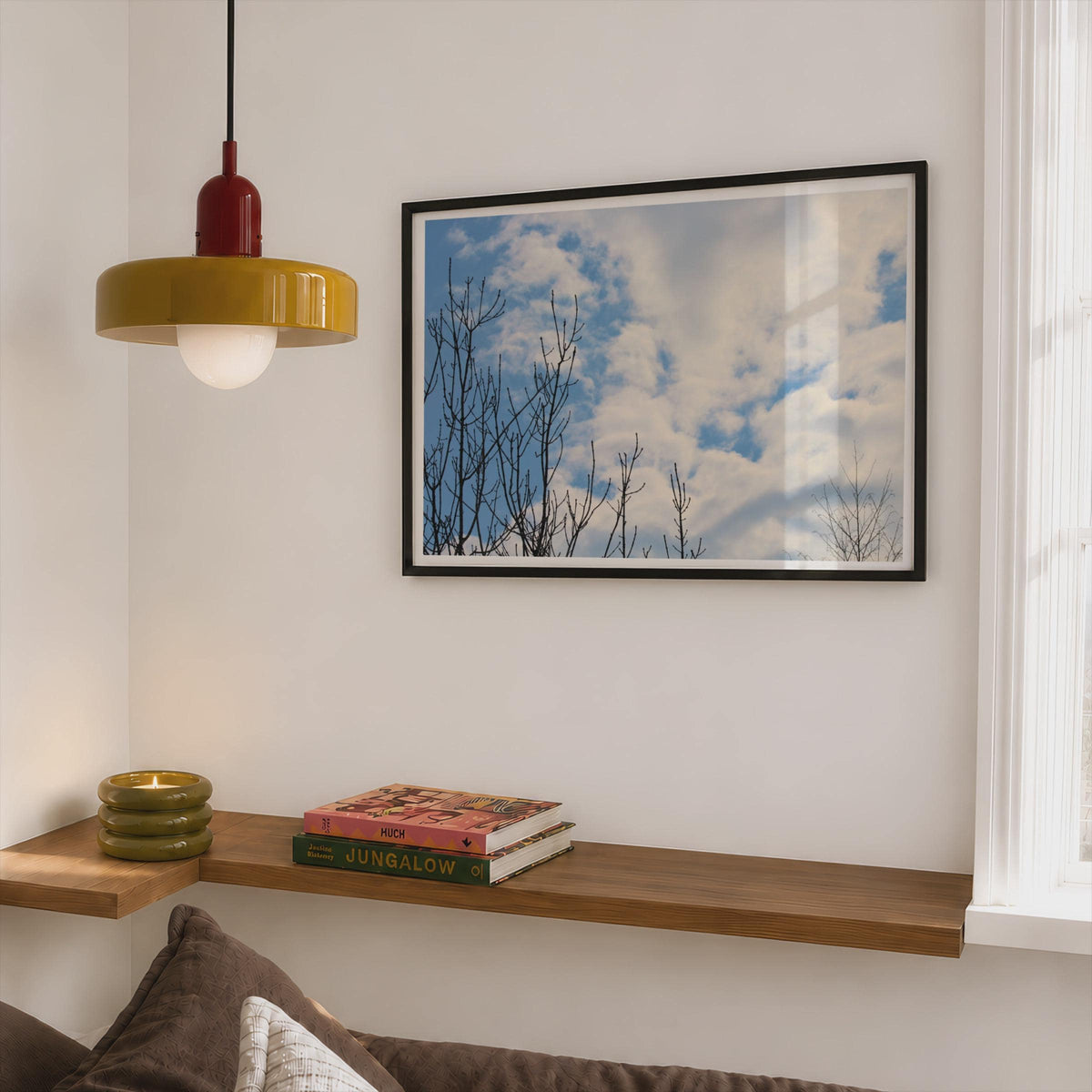 Bare Winter Trees Blue Sky Poster, Cloudy Sky Framed-Print, Minimalist Nature Wall Art, Black Branch Photography, Calm Living Room Decor