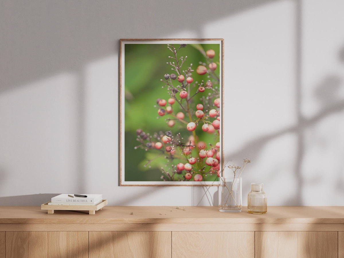 Red Berries Botanical Poster, Nature Photography Print, Berry Branch Wall Art, Green Bokeh, Autumn Garden Decor, Close-Up Plant Photo Print