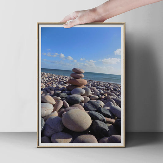 Stacked Pebbles Beach Poster, Zen Stone Cairn Wall Art, Coastal Photography Print, Mindful Ocean Decor, Pebble Shore Seaside Art Print