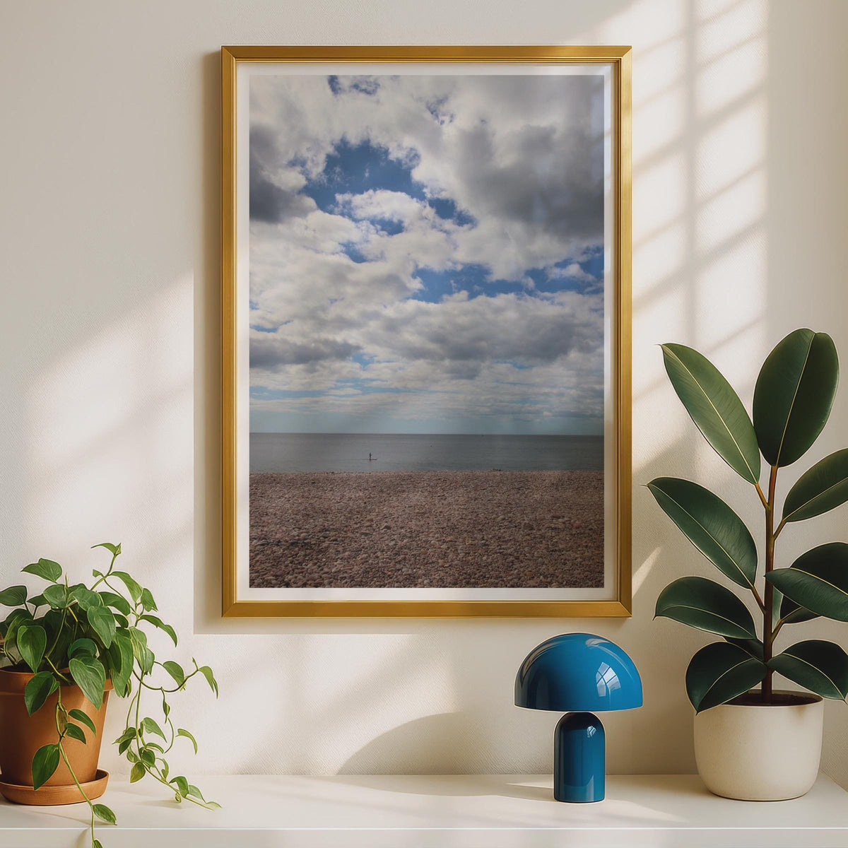 Pebble Beach Coastal Photography Print, Dramatic Sky Sea Poster, British Seaside Wall Art, Paddle Boarder Ocean Photo Print