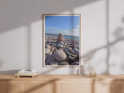 Stacked Pebbles Beach Poster, Zen Stone Cairn Wall Art, Coastal Photography Print, Mindful Ocean Decor, Pebble Shore Seaside Art Print