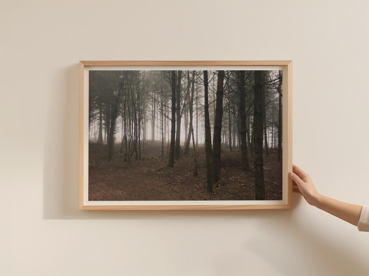 Misty Forest Landscape Poster, Atmospheric Woodland Framed-Print, Moody Trees Wall Art, Dark Nature Photography, Fog Forest Home Decor
