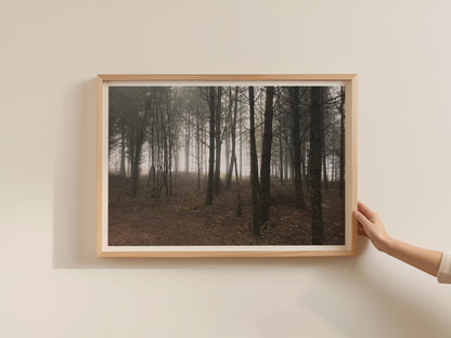 Misty Forest Landscape Poster, Atmospheric Woodland Framed-Print, Moody Trees Wall Art, Dark Nature Photography, Fog Forest Home Decor