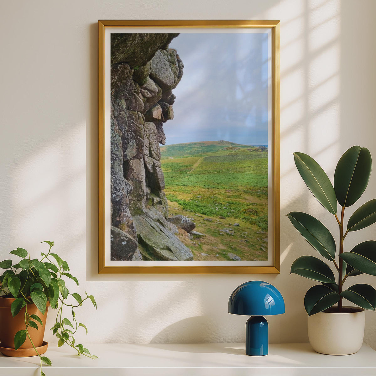 Dartmoor Granite Tor Photography Print, Devon Moorland Landscape Poster, Green Hillside Wall Art, British Countryside Nature Photo Print