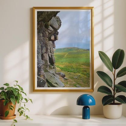 Dartmoor Granite Tor Photography Print, Devon Moorland Landscape Poster, Green Hillside Wall Art, British Countryside Nature Photo Print