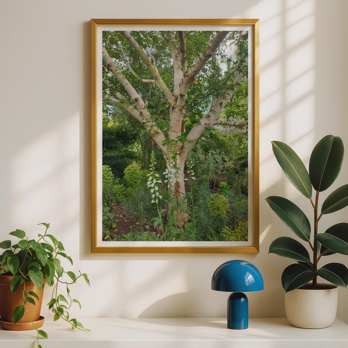 Silver Birch Tree Poster, White Foxglove Garden Print, Botanical Wall Art, Nature Photography, Green Garden Decor, Woodland Botanical Print