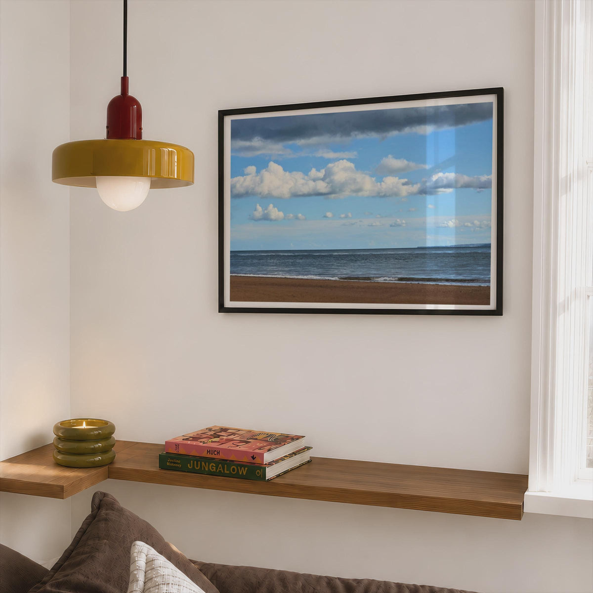 Coastal Beach Seascape Poster, Sandy Shore  Cloudy Blue Sky Framed-Print, British Seaside Wall Art, Ocean Photography Print for Home