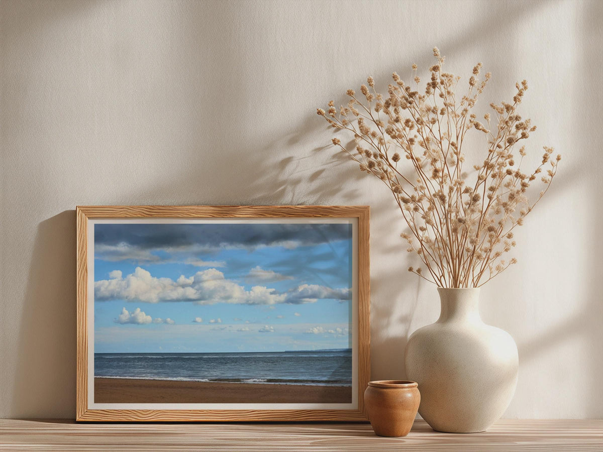Coastal Beach Seascape Poster, Sandy Shore  Cloudy Blue Sky Framed-Print, British Seaside Wall Art, Ocean Photography Print for Home