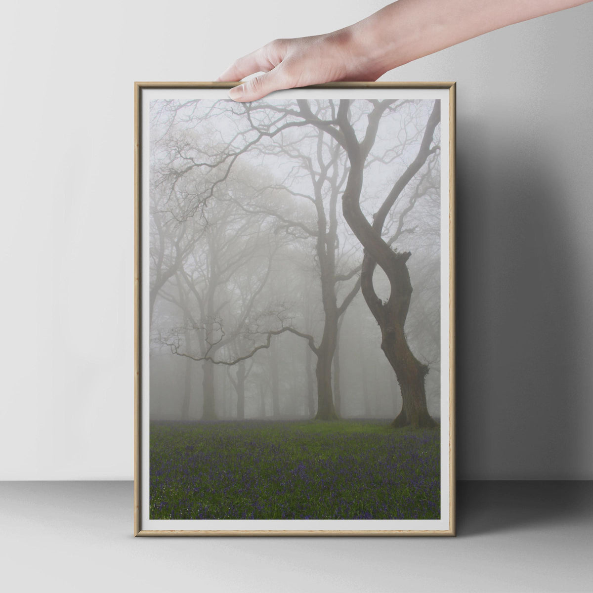 Misty Bluebell Wood Poster, Foggy Forest Trees Print, Woodland Wall Art, Nature Photography, Atmospheric British Countryside Decor