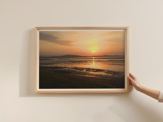 Sunset Estuary Landscape Poster, Golden Sky Coastal Framed-Print, Orange Dusk Seascape Wall Art, Tidal Flats Nature Photography Print