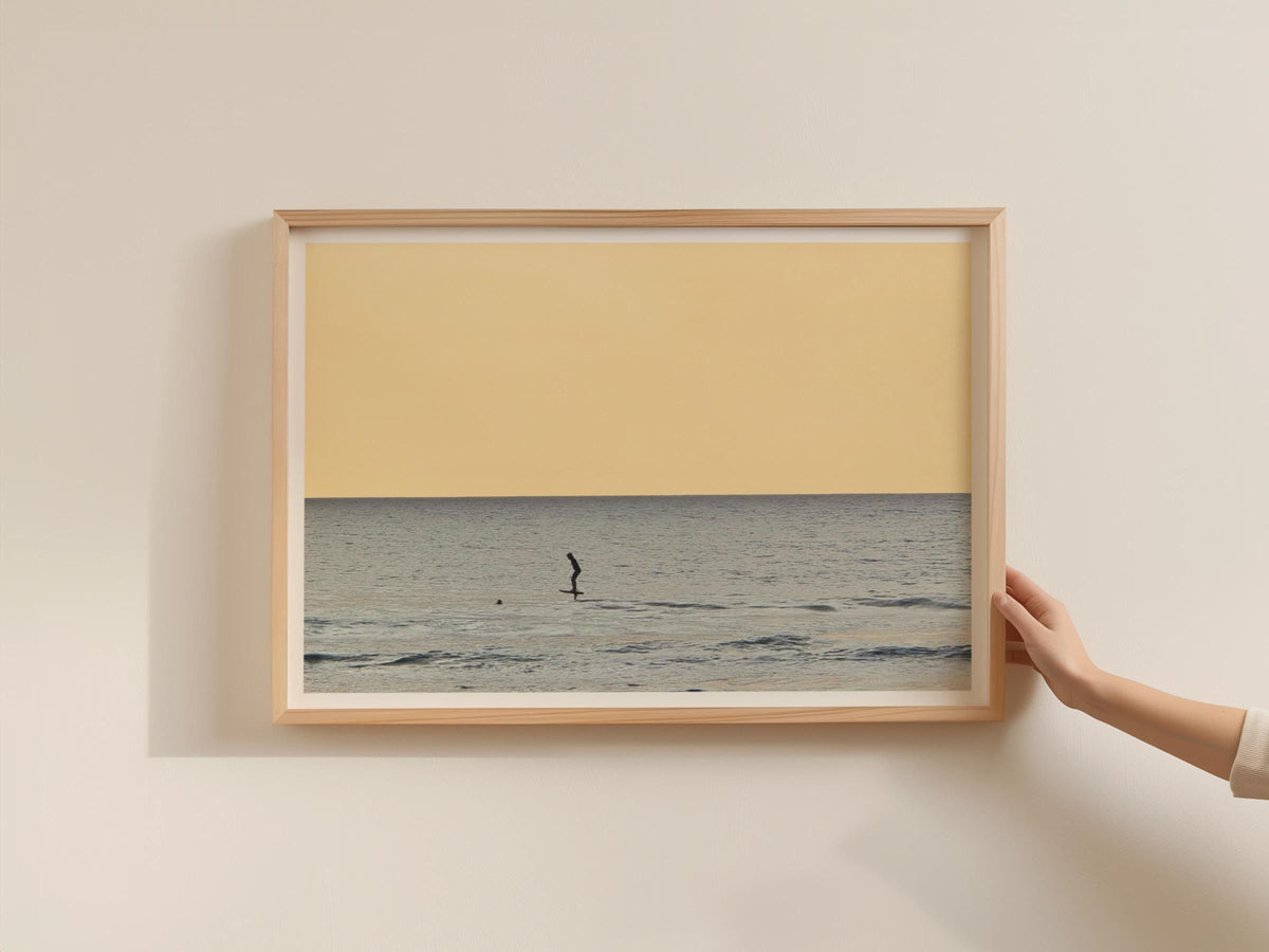 Surfer Silhouette Sunset Ocean Poster, Coastal Wall Art, Framed-Print, Golden Sky Seascape, Minimalist Beach Surf Decor, Dawn Dusk Print