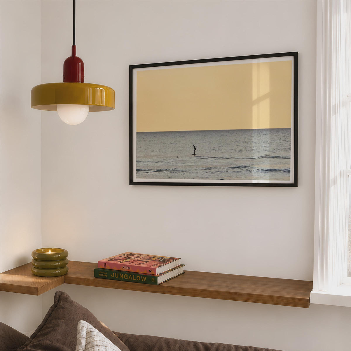 Surfer Silhouette Sunset Ocean Poster mockup - Corner Bedroom Mockup - Landscape