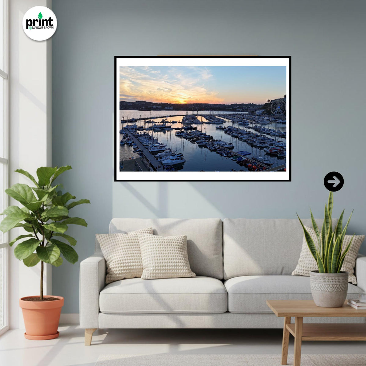 Torquay Marina in Devon at Sunset | Coastal Wall Art, Seaside Print, Beach House Decor, Estuary, River Exe, Drone Photography