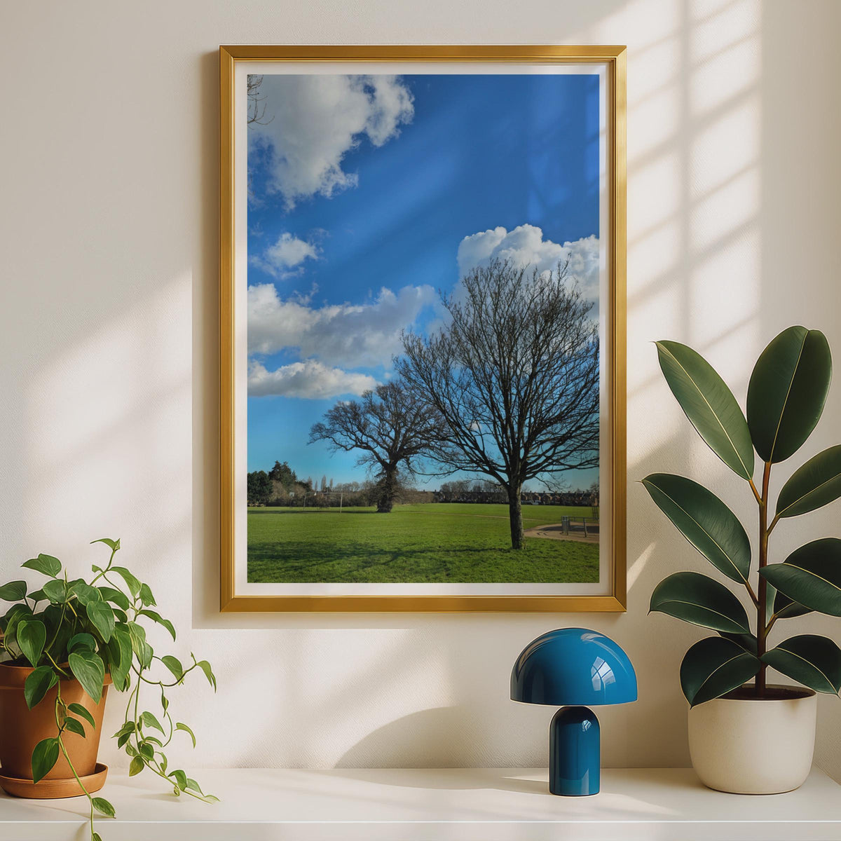 Bare Winter Trees in Park Poster, Blue Sky Green Grass Wall Art, English Park Photography Print, Nature Landscape Photo