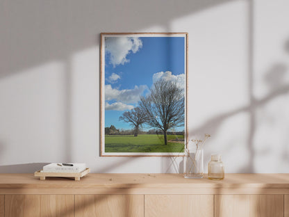 Bare Winter Trees in Park Poster, Blue Sky Green Grass Wall Art, English Park Photography Print, Nature Landscape Photo