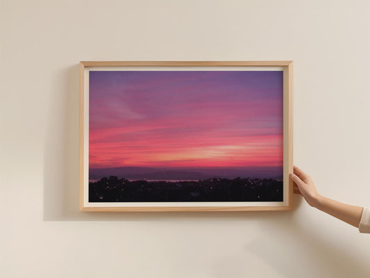 Sunset Landscape Poster, Pink Purple Sky Framed-Print, Dawn Dusk Coastal Town Wall Art, Dramatic Sky Photography Print