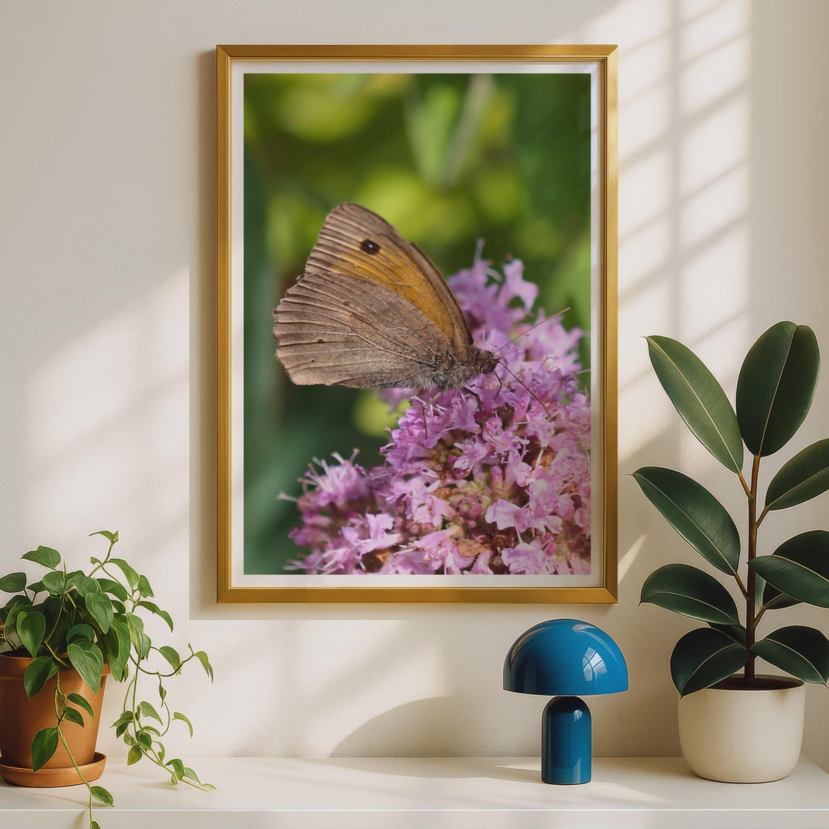 Meadow Brown Butterfly on Pink Wildflower Poster, British Wildlife Wall Art, Nature Photography Print, Garden Insect Decor