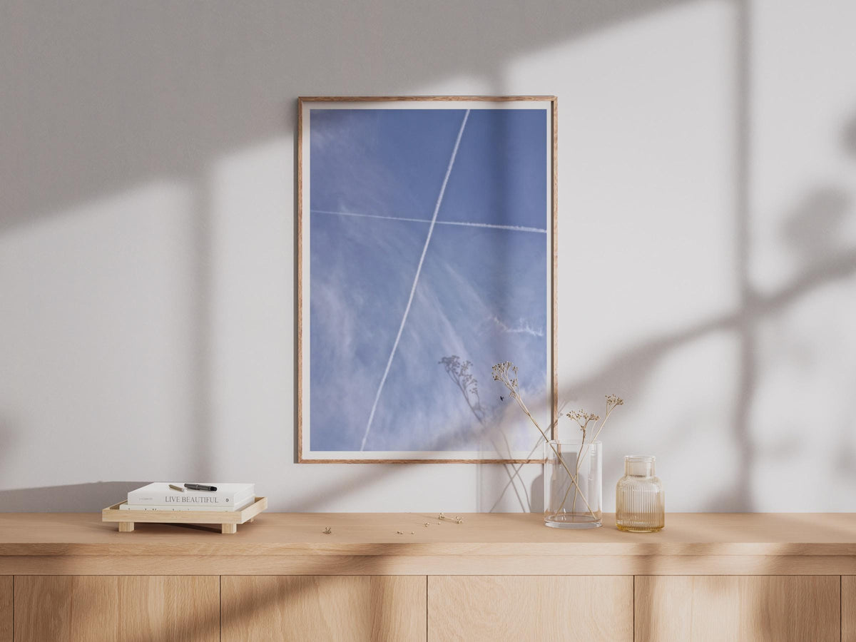 Contrail Sky Photography Poster, Blue Sky Vapour Trails Wall Art, Minimalist Aeroplane Print, Modern Aerial Photo, Contemporary Home Decor