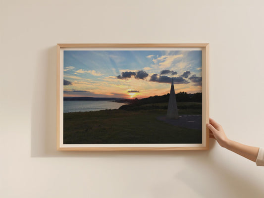 Coastal Sunset Obelisk Poster, Seaside Landscape Framed-Print, Golden Sky Wall Art, British Coastline Photography Print
