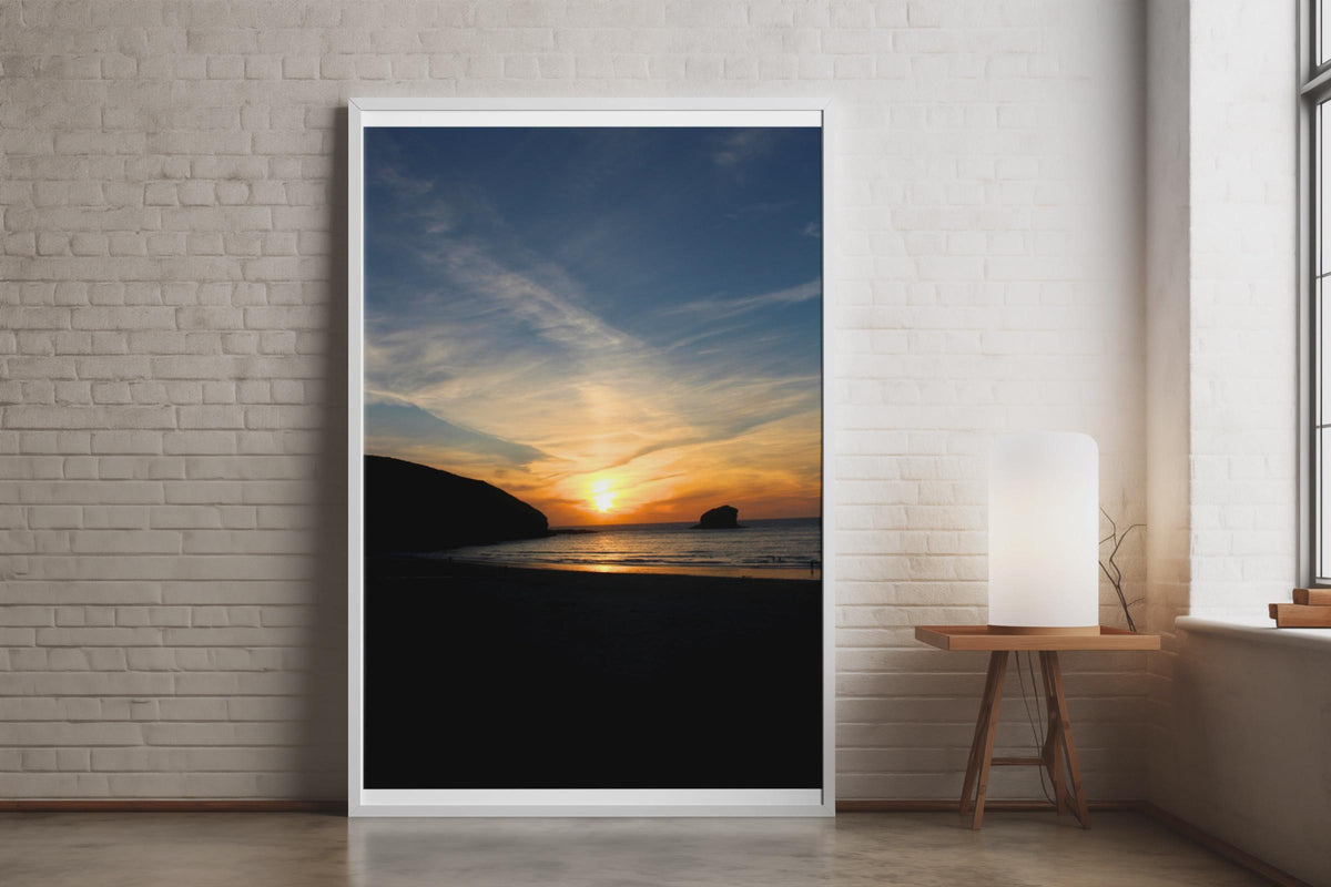 Coastal Sunset Beach Poster, Seaside Silhouette Wall Art, Orange Sky Photography Print, Dusk Seascape, Cornish Coast Portrait Photo Print