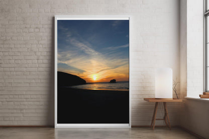 Coastal Sunset Beach Poster, Seaside Silhouette Wall Art, Orange Sky Photography Print, Dusk Seascape, Cornish Coast Portrait Photo Print