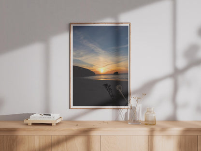Coastal Sunset Beach Poster, Seaside Silhouette Wall Art, Orange Sky Photography Print, Dusk Seascape, Cornish Coast Portrait Photo Print