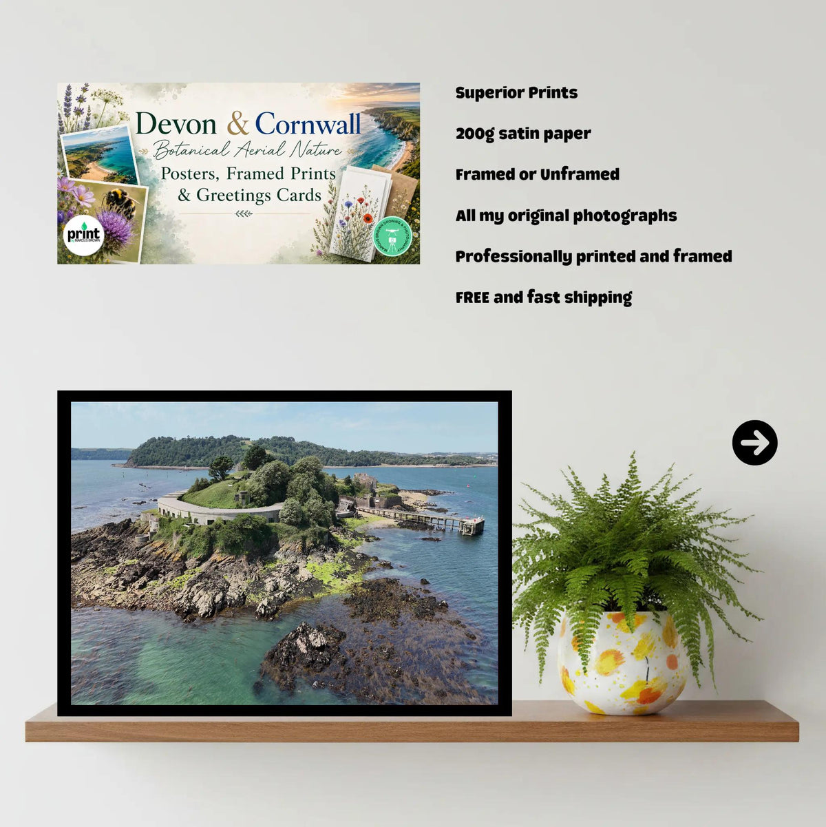 Drake's Island Print | Coastal Art of Plymouth Sound | Historic 16th-Century Fortress Wall | Island Wall Art for Nautical Decor Photography