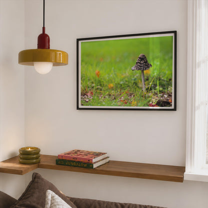 Magpie Inkcap Mushroom Poster mockup - Corner Bedroom Mockup - Landscape
