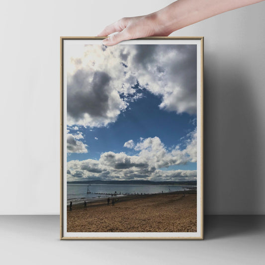 Sandy Beach Coastal Photography Print, Dramatic Blue Sky Clouds Seaside Wall Art, British Coast Poster, Ocean View Nautical Home Decor