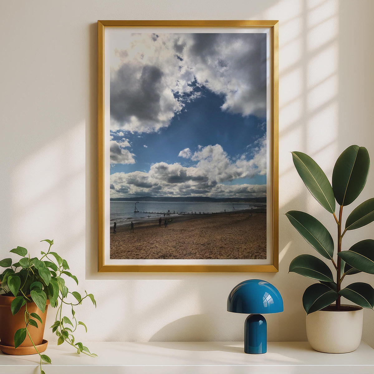 Sandy Beach Coastal Photography Print, Dramatic Blue Sky Clouds Seaside Wall Art, British Coast Poster, Ocean View Nautical Home Decor