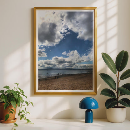 Sandy Beach Coastal Photography Print, Dramatic Blue Sky Clouds Seaside Wall Art, British Coast Poster, Ocean View Nautical Home Decor