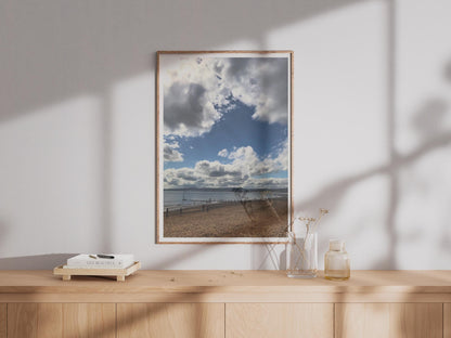 Sandy Beach Coastal Photography Print, Dramatic Blue Sky Clouds Seaside Wall Art, British Coast Poster, Ocean View Nautical Home Decor