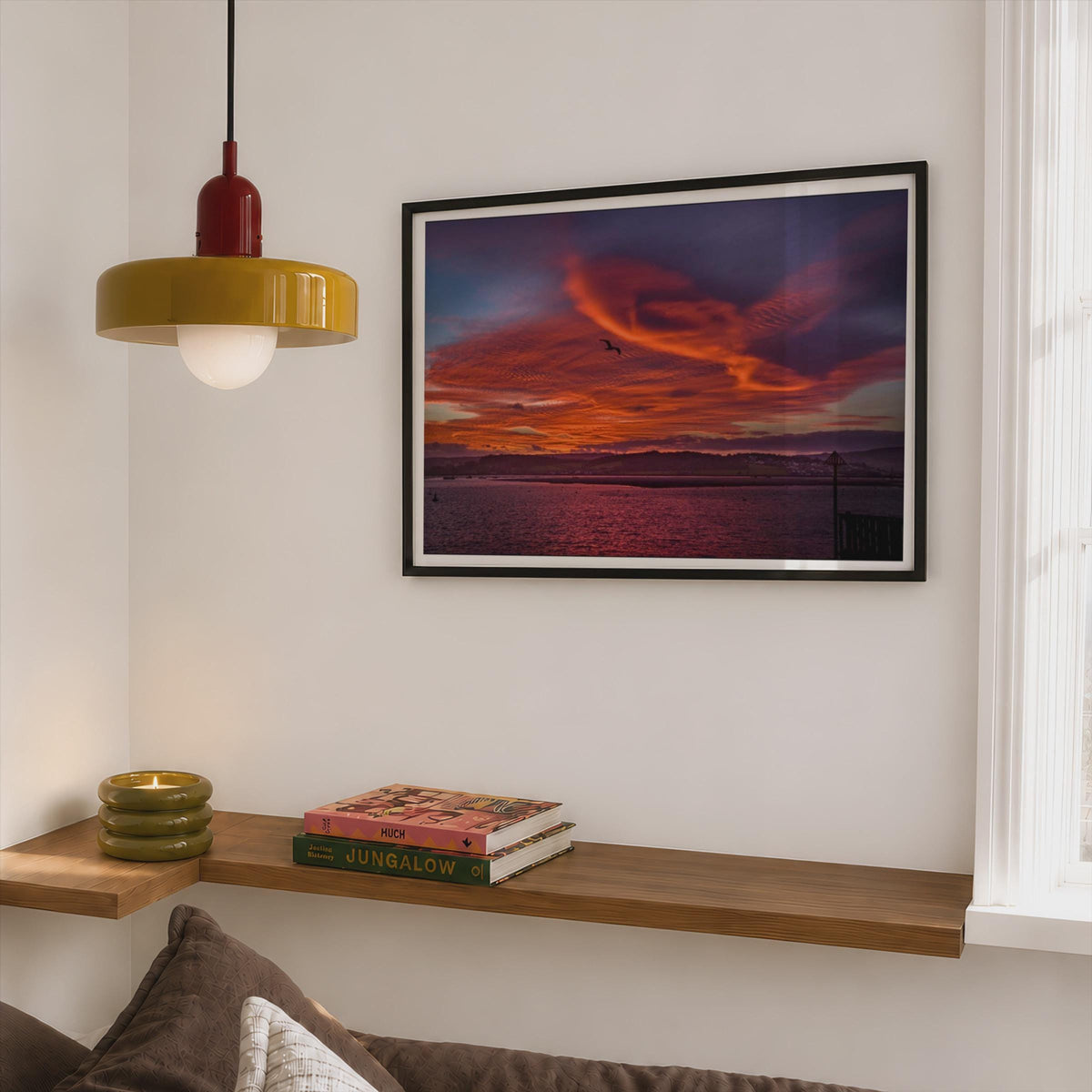 Fiery Sunset Coastal Landscape Poster mockup - Corner Bedroom Mockup - Landscape