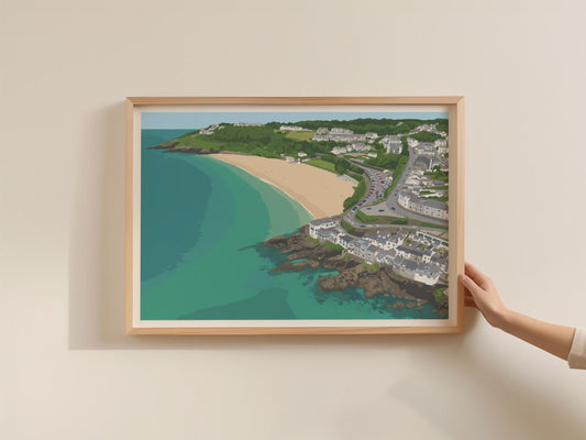 St Ives Cornwall Beach Aerial View Poster, Coastal Framed-Print, Porthminster Bay Wall Art, Illustrated Cornwall Gift