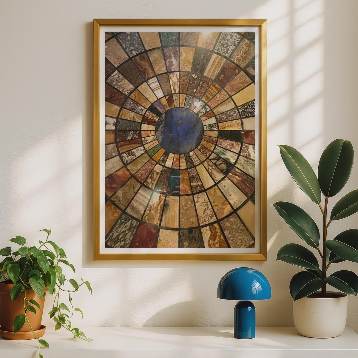 Marble Specimen Table Top Poster, Pietra Dura Mosaic Print, Grand Tour Stone Inlay Wall Art, Classical Interior Decor, Blue Lapis Centre