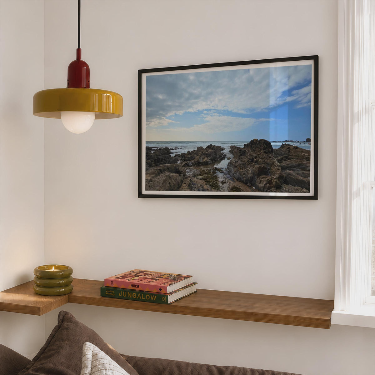 Rocky Coastline Seascape Poster, Coastal Wall Art, Framed-Print, Blue Sky Ocean Photography, Beach Rock Pool, Seaside Home Decor Gift