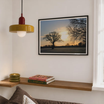 Winter Sunrise Tree Silhouette Landscape Poster mockup - Corner Bedroom Mockup - Landscape