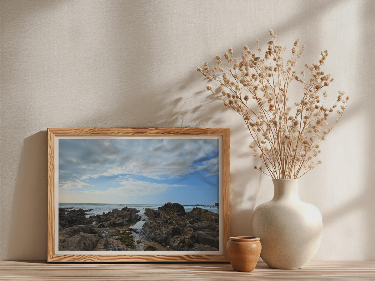 Rocky Coastline Seascape Poster, Coastal Wall Art, Framed-Print, Blue Sky Ocean Photography, Beach Rock Pool, Seaside Home Decor Gift