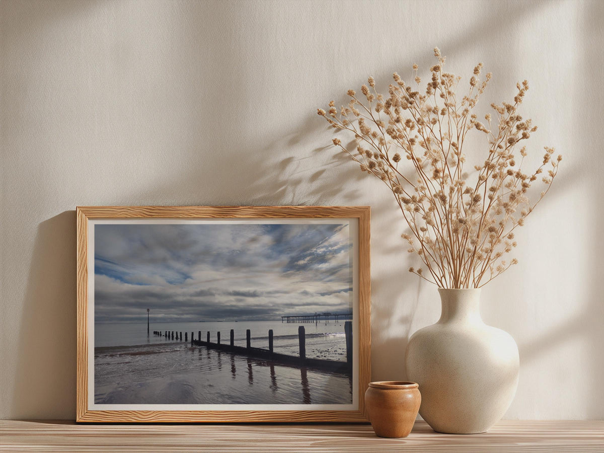 Seaside Groyne Beach Poster, Coastal Pier Framed-Print, Moody Sky Seascape, British Seaside Wall Art, Grey Blue Ocean, UK Beach Photography