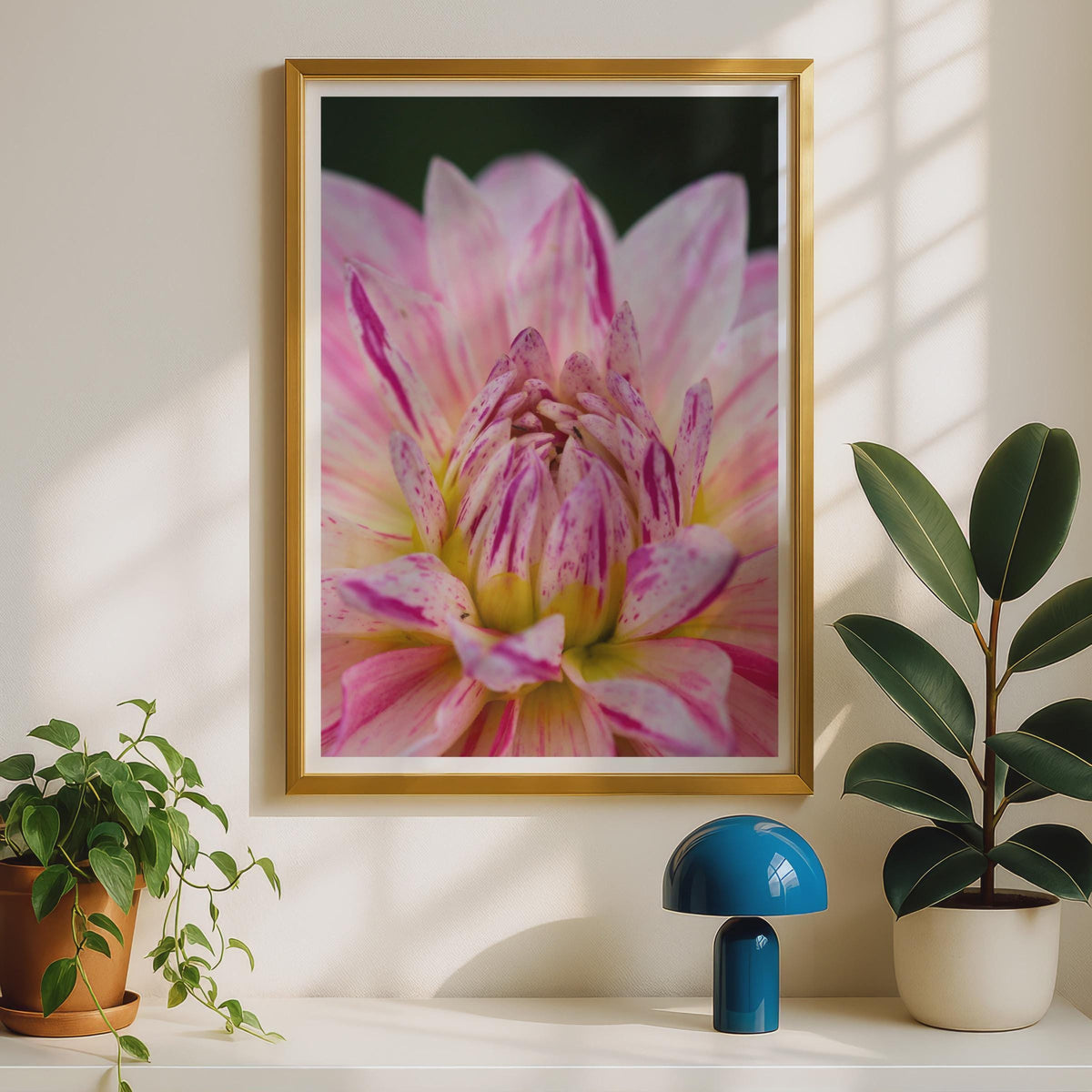 Pink Dahlia Close Up Flower Photography Print, Botanical Wall Art, Floral Poster, Macro Garden Photo, Pink and Yellow Bedroom Decor