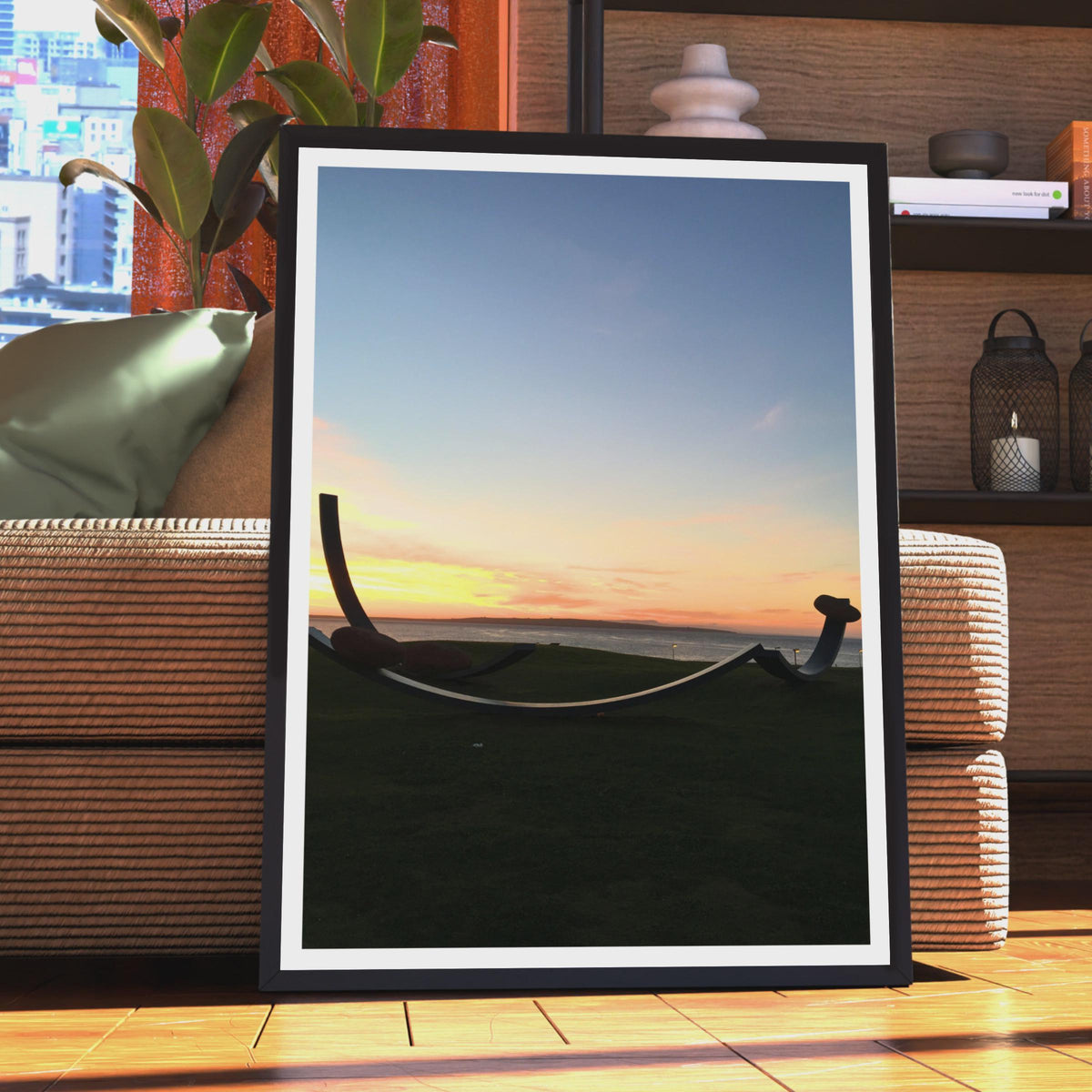 Coastal Sunset Sculpture Silhouette Poster, Seaside Dawn Dusk Wall Art, Orange Sky Ocean Print, Moody Coastal Photography Print
