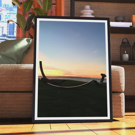 Coastal Sunset Sculpture Silhouette Poster, Seaside Dawn Dusk Wall Art, Orange Sky Ocean Print, Moody Coastal Photography Print