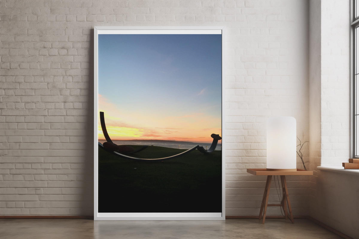 Coastal Sunset Sculpture Silhouette Poster, Seaside Dawn Dusk Wall Art, Orange Sky Ocean Print, Moody Coastal Photography Print