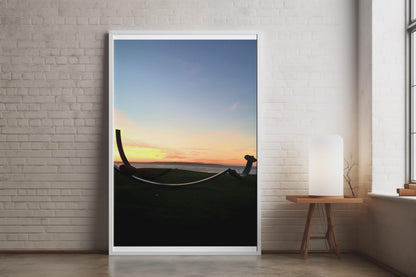 Coastal Sunset Sculpture Silhouette Poster, Seaside Dawn Dusk Wall Art, Orange Sky Ocean Print, Moody Coastal Photography Print