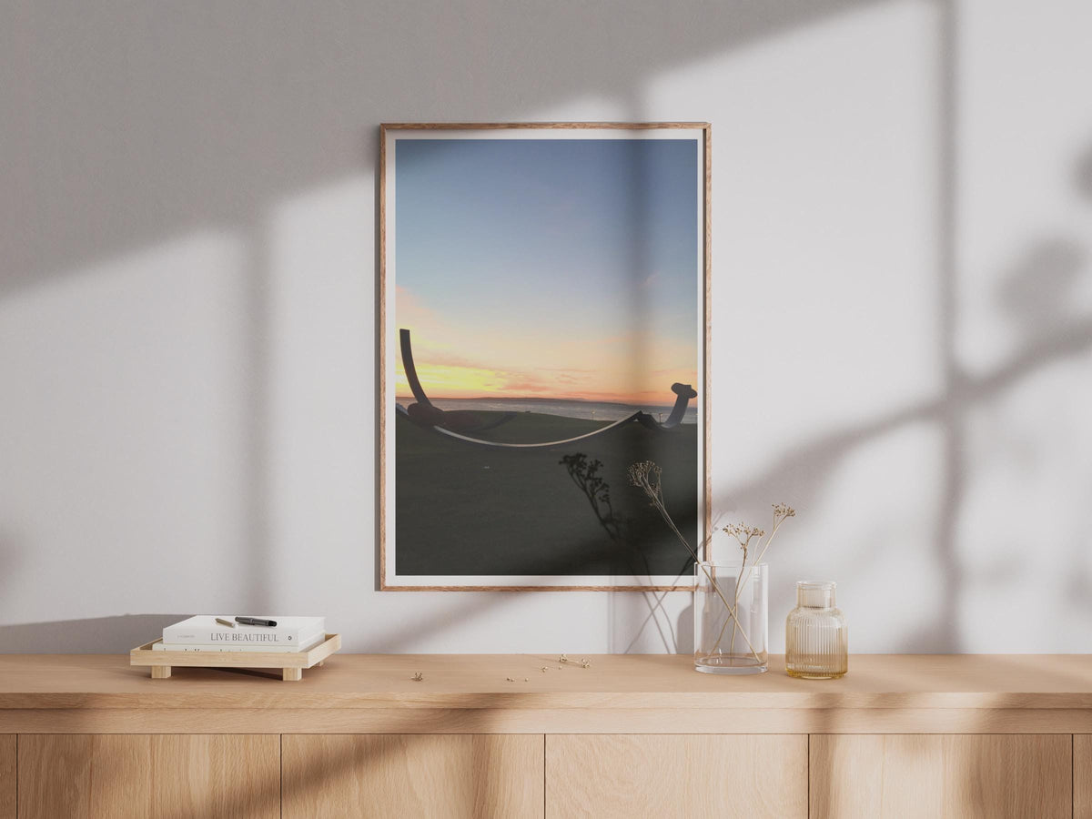 Coastal Sunset Sculpture Silhouette Poster, Seaside Dawn Dusk Wall Art, Orange Sky Ocean Print, Moody Coastal Photography Print